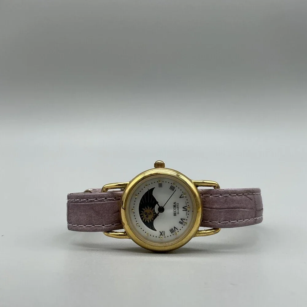 Becora V3080 Womens Watch 26mm Moon Phase Gold Tone Pink Strap New Battery